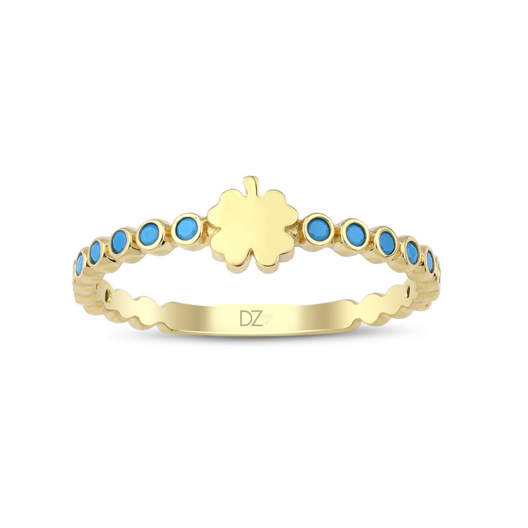 Altın Şans Yoncası Firuze Taşlı Yüzük